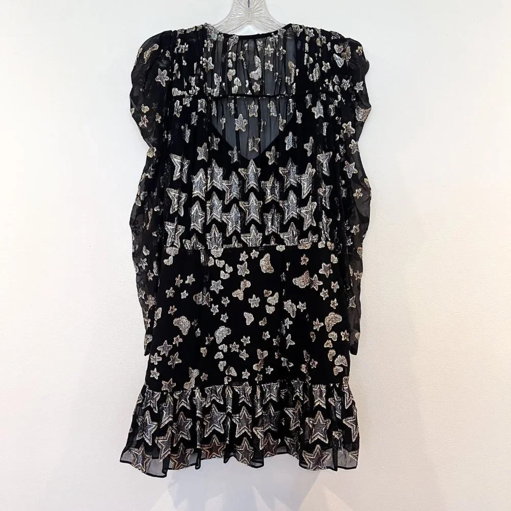 LoveShackFancy Silk Blend Black Gold Star Butterfly Preppy Metallic Mini Dress 6 - Picture 9 of 9